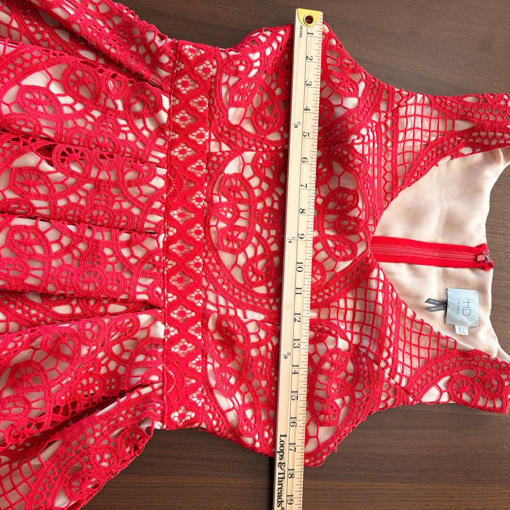 Anthropologie HD in Paris Dress Dress Women's 8 Coral Red Crochet Lace - Picture 12 of 14